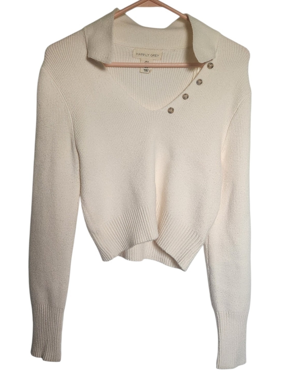 Happily Grey Cream Ribbed Polo Sweater Cropped  Asymmetrical Buttons Size S